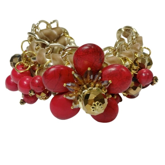 Handmade/Non Brand Jewelry - Handmade Red Bracelet Flower Stone Clusters Beads